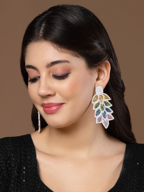 White & Multi Leaf Shaped Handcrafted Drop Earrings
