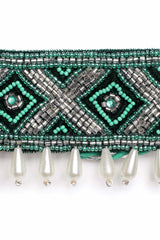 Geometric Bead Work Waist Belt In Turquoise & Silver