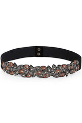 Botanical Sequins Cut Work Waist Belt In Black & Silver & Rust