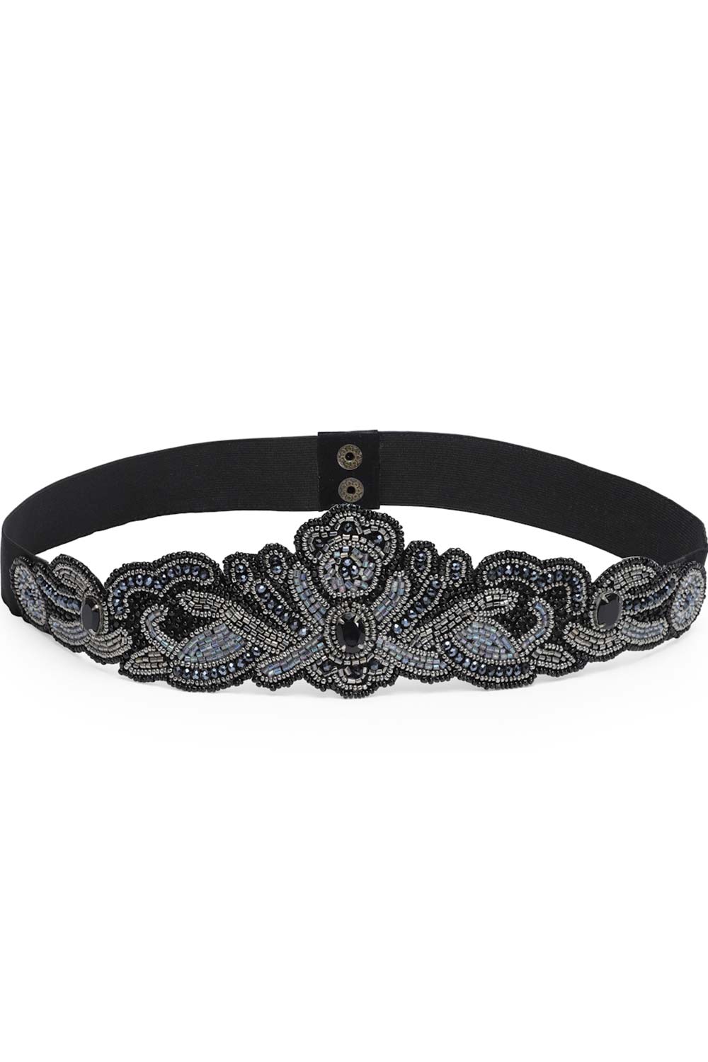 Ethnic Motifs Bead Cut Work Waist Belt In Black & Silver