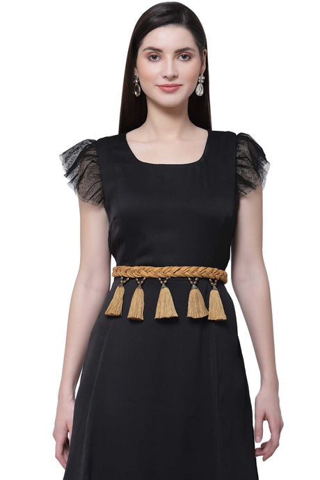 Buy Tasselled & Braided Embellished Waist Belt in Tan & Copper Online