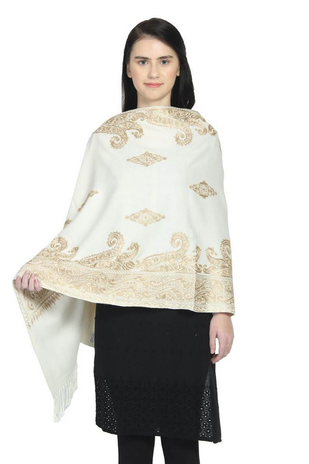 Wool Shawl In White And Gold