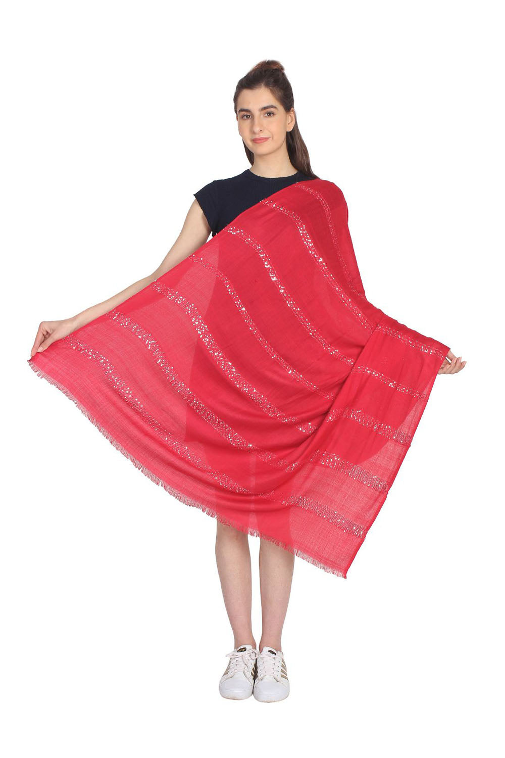 Viscose Stole in Red And Silver