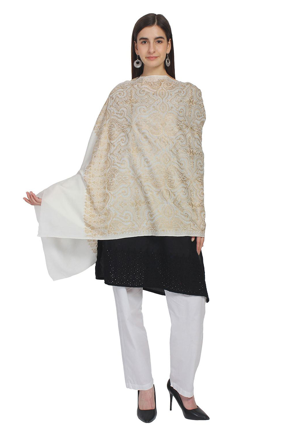 Wool Shawl In White And Gold