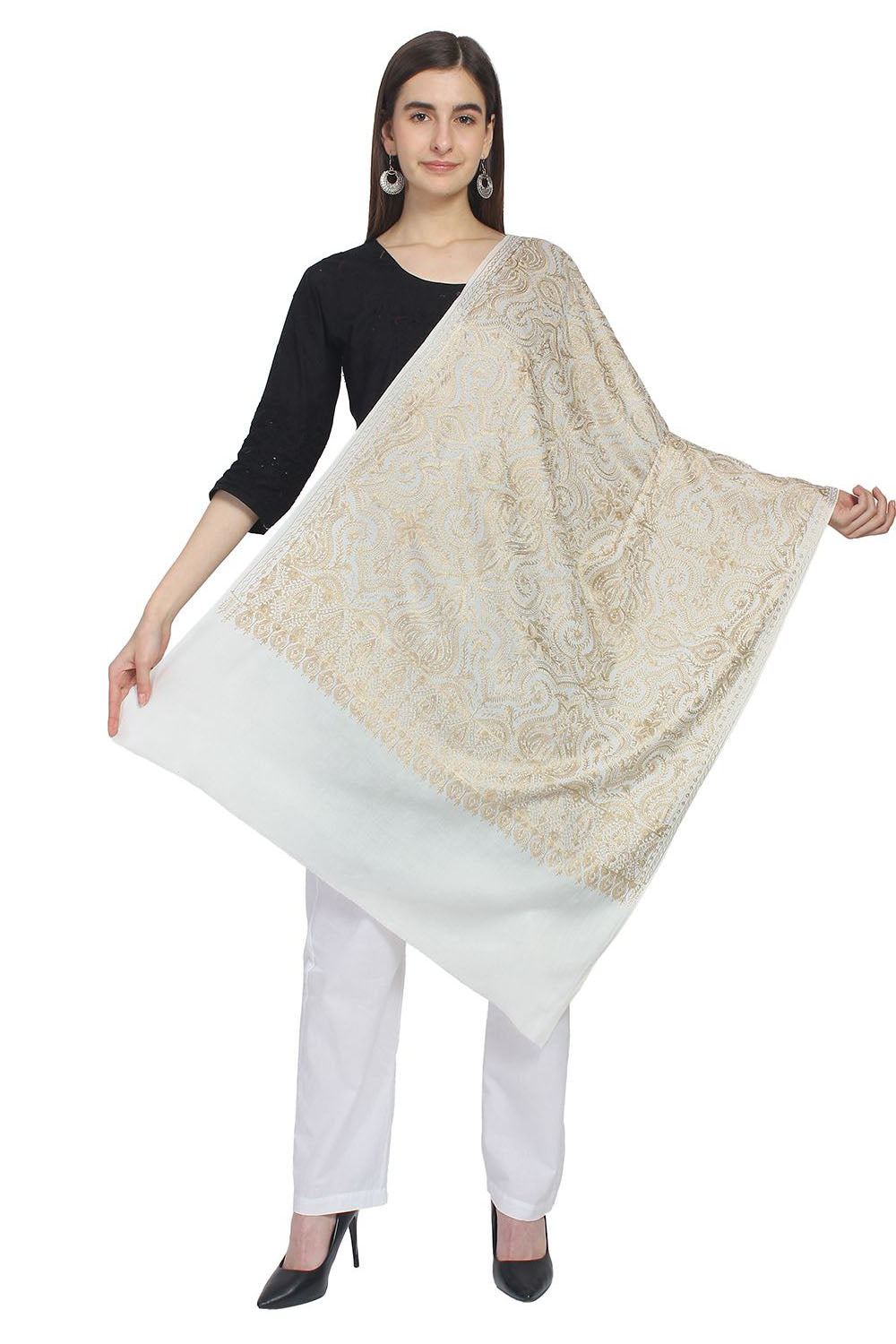 Wool Shawl In White And Gold