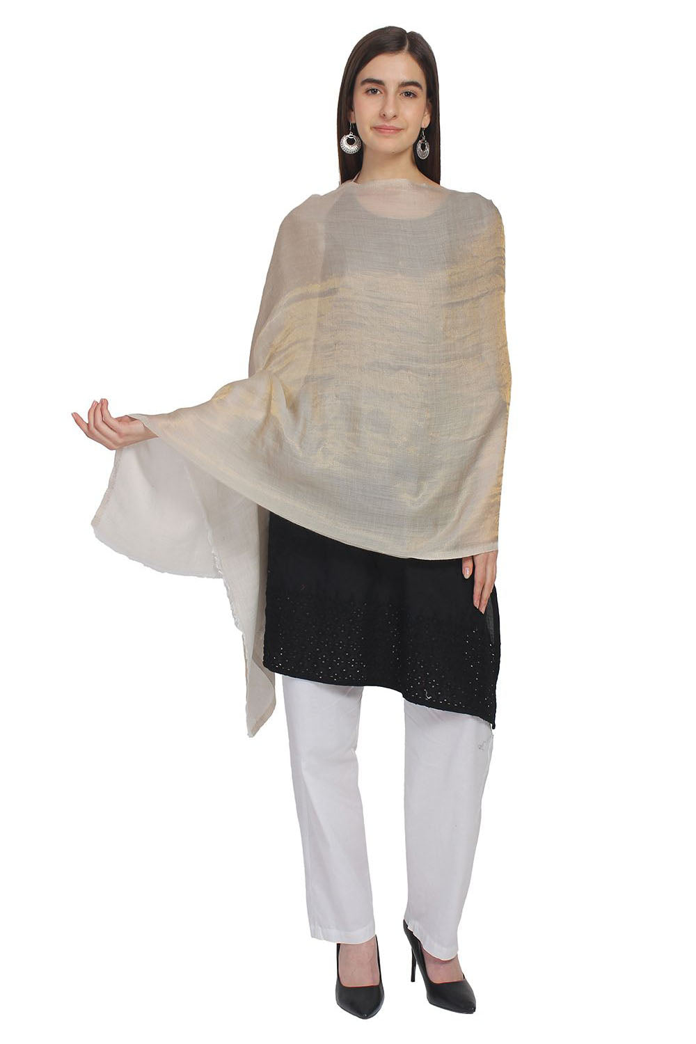 Wool Reversible Shawl In White And Gold