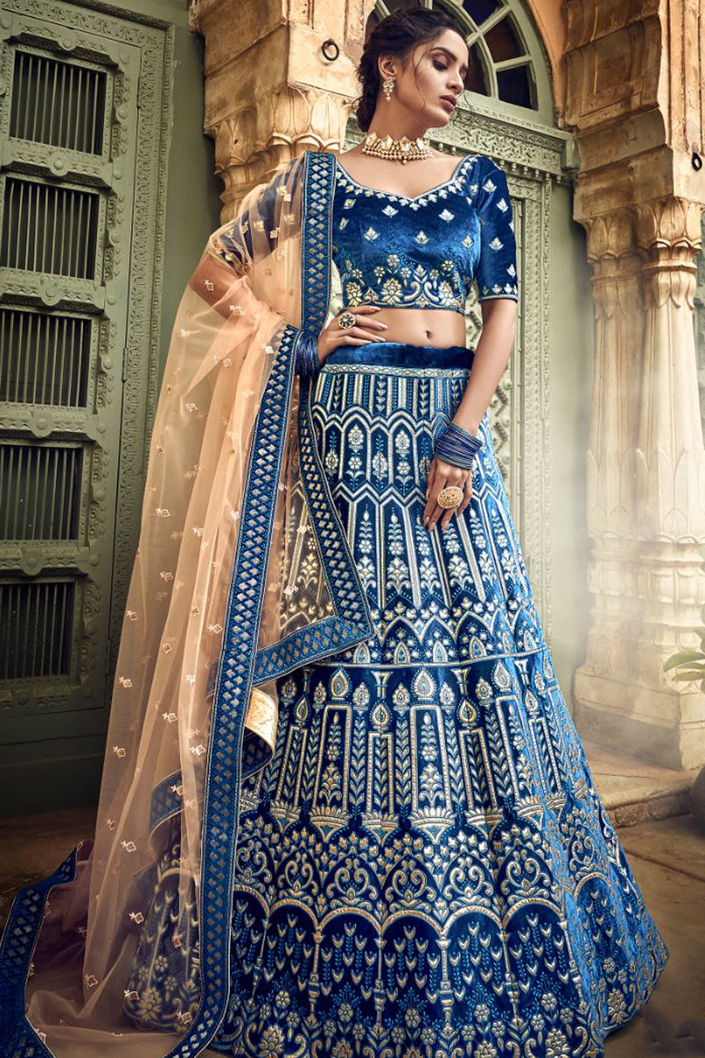 Velvet Embroidered Lehenga Choli In Blue