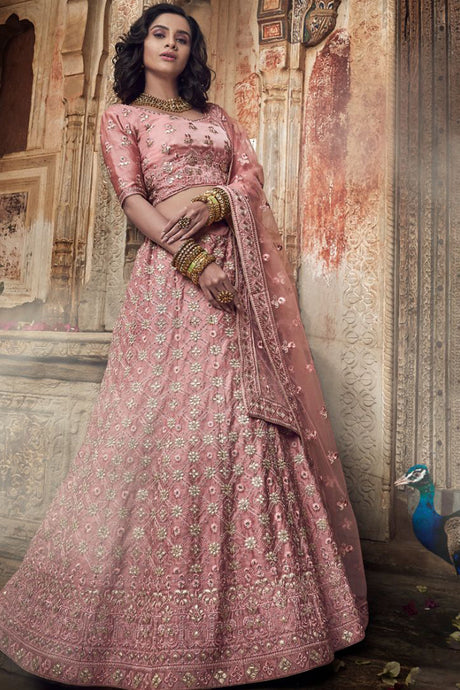 Satin Embroidered Lehenga Choli in Salmon