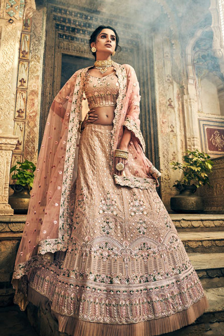 Faux Georgette Embroidered Lehenga Choli in Light Pink