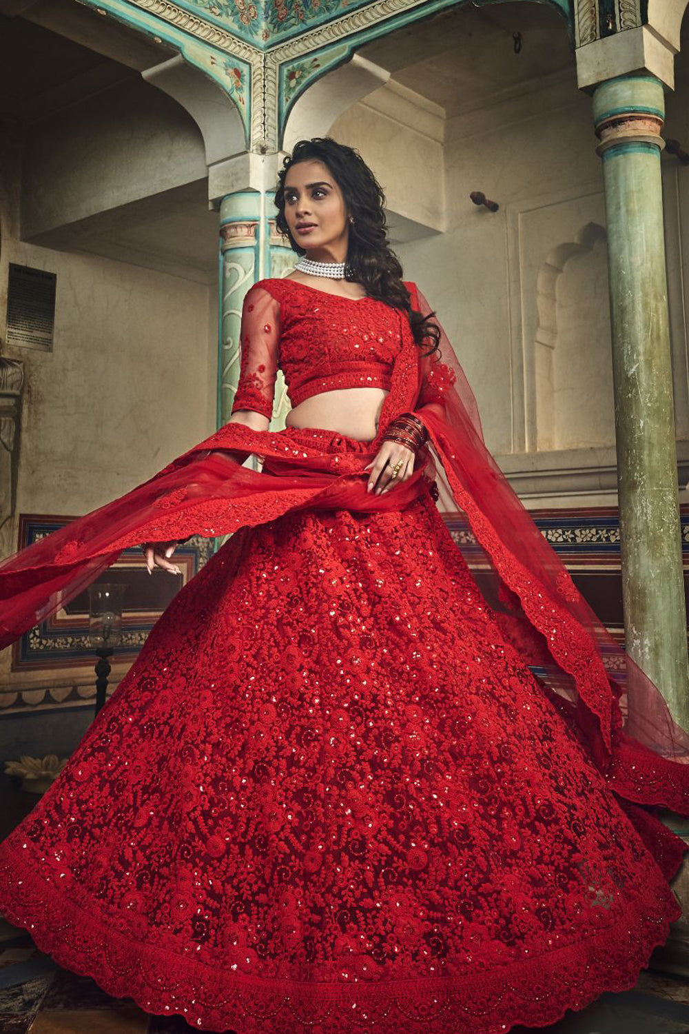 Net Embroidered Lehenga Choli In Red