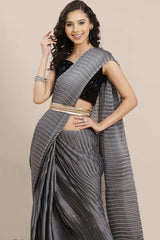 Grey Georgette Solid Pleated Saree