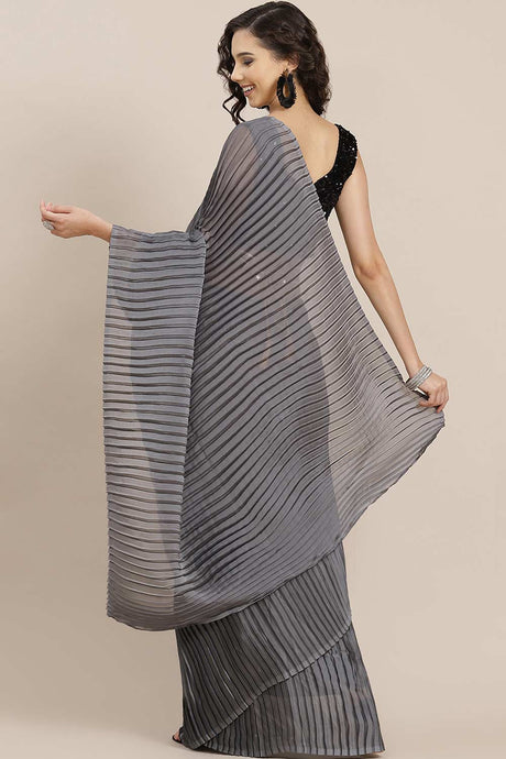 Grey Georgette Solid Pleated Saree
