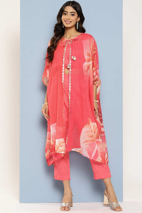 Buy Coral Printed Top with Palazzos & Shrug Online