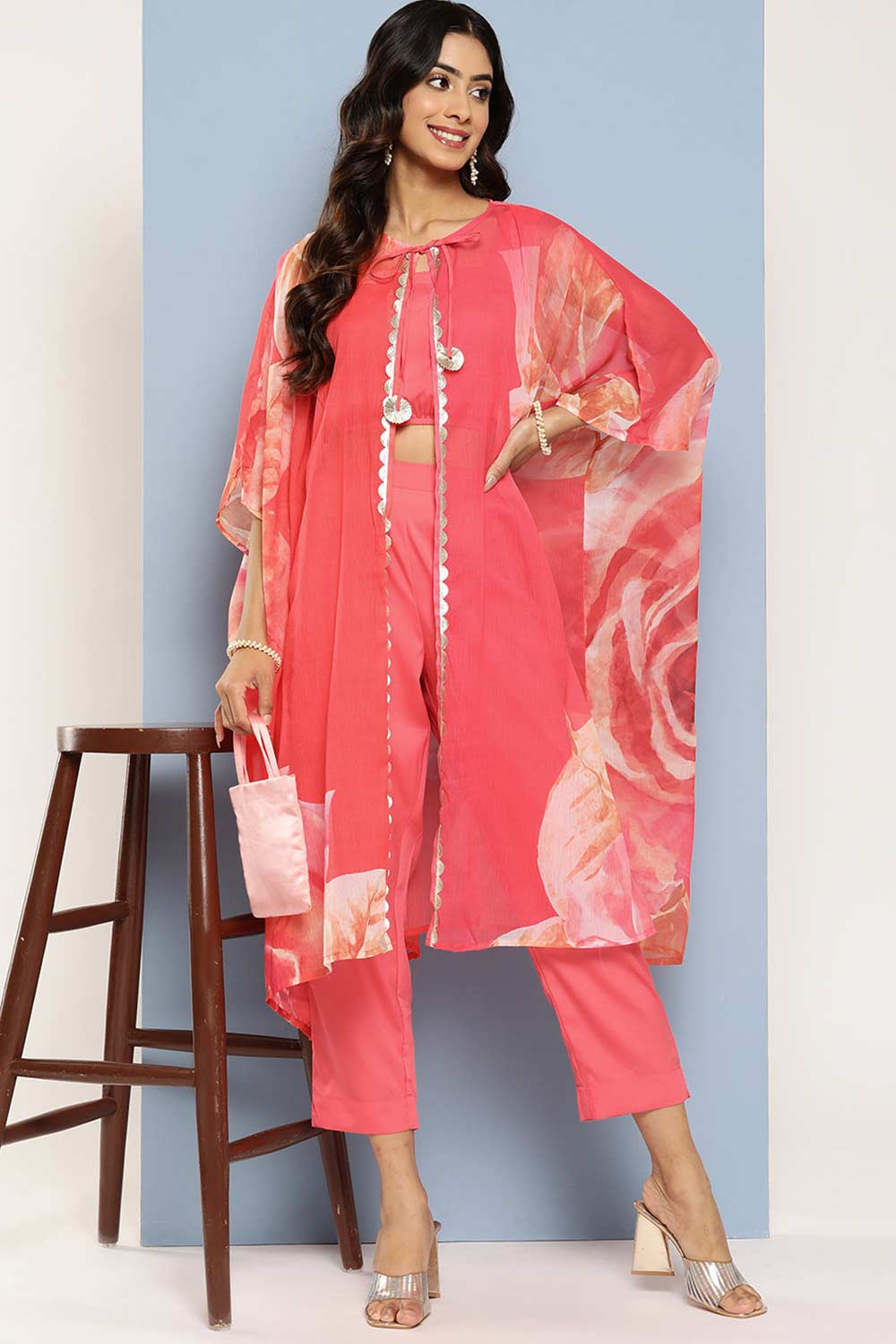 Buy Coral Printed Top with Palazzos & Shrug Online