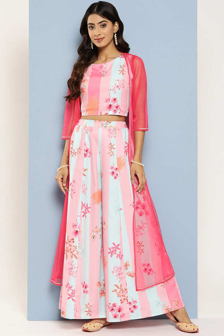 Buy Pink Floral Printed Top with Palazzos & Shrug Online