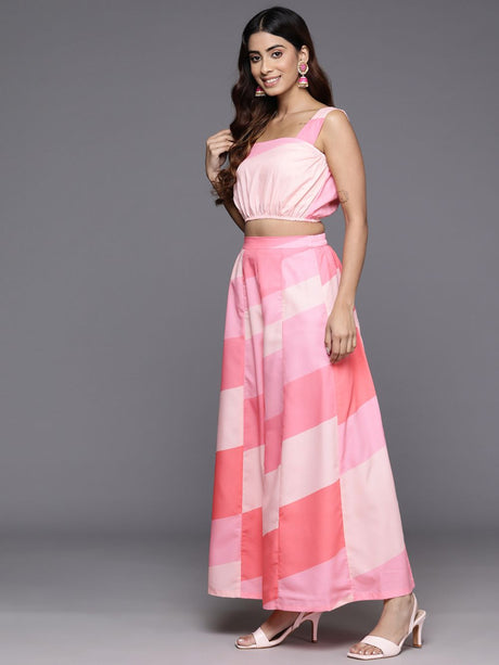 Women's Pink Polyester Printed Skirt Set With Jacket