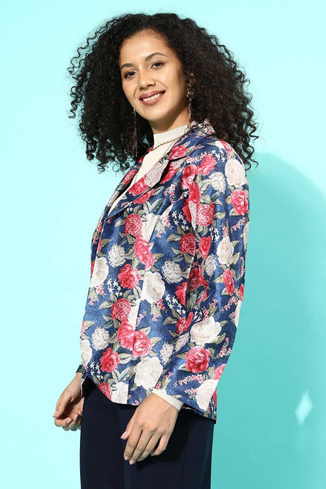 Buy Blue Poly Crepe Floral Printed Long Sleeves Blazers Online - Back