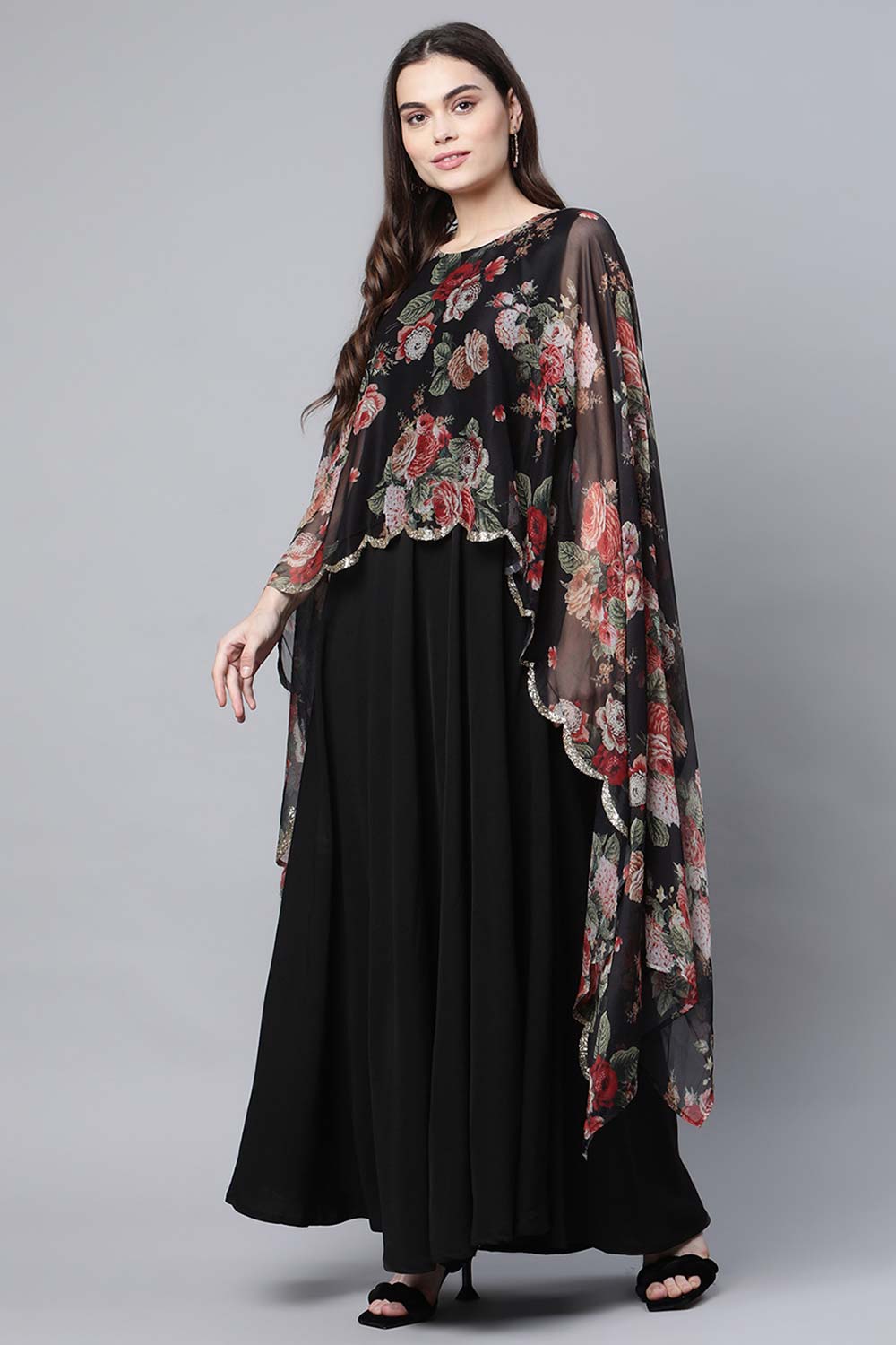 Black Crepe Dress With Attached Dupatta