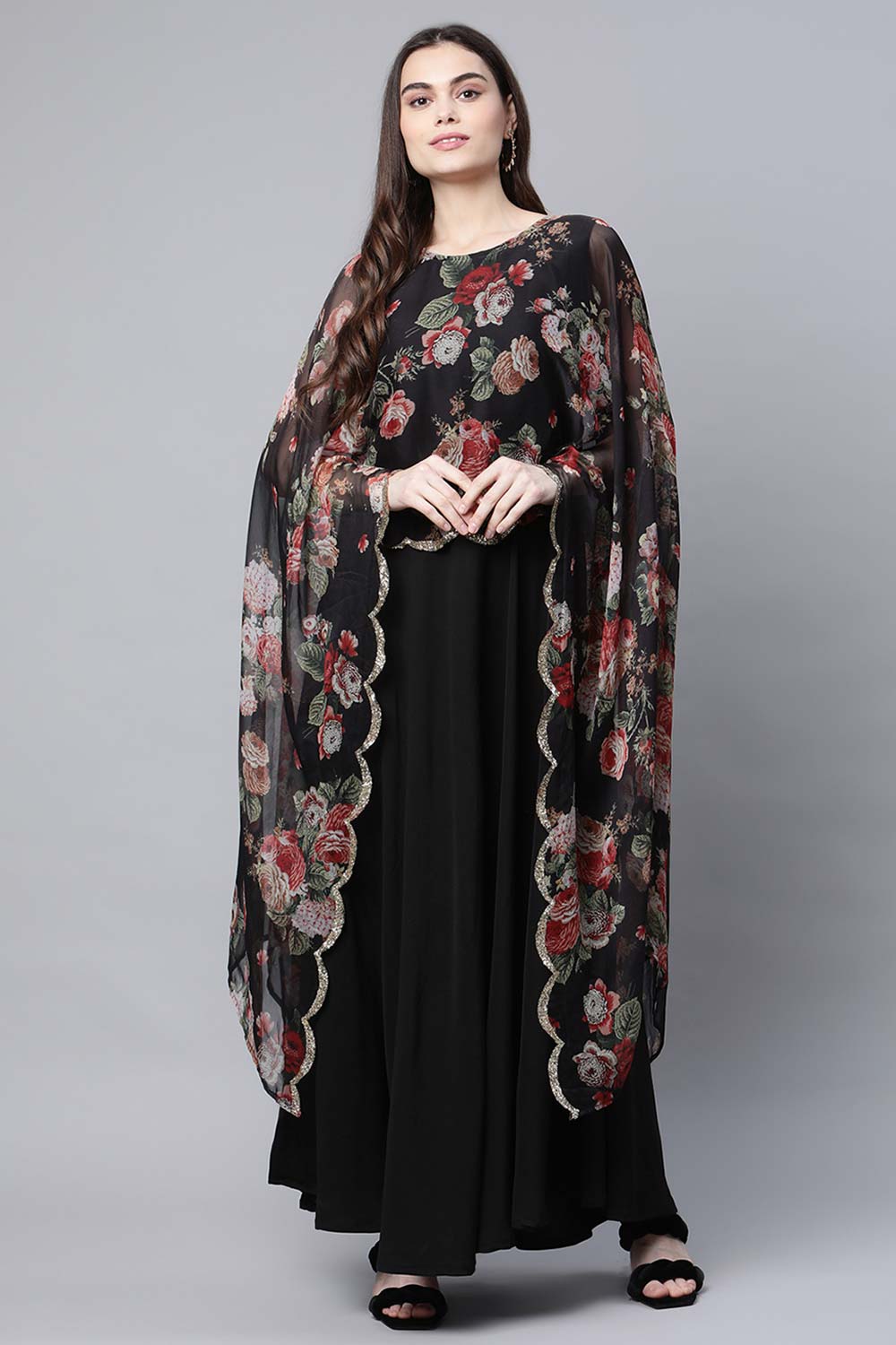 Black Crepe Dress With Attached Dupatta