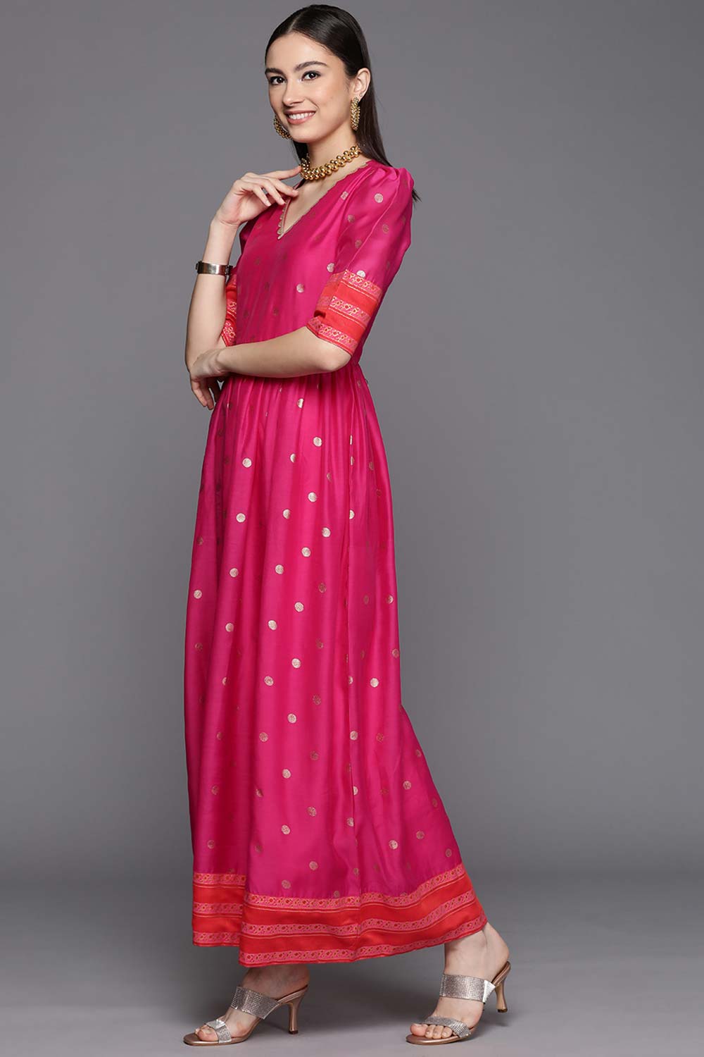 Pink Chanderi Gold Foil Print Dress