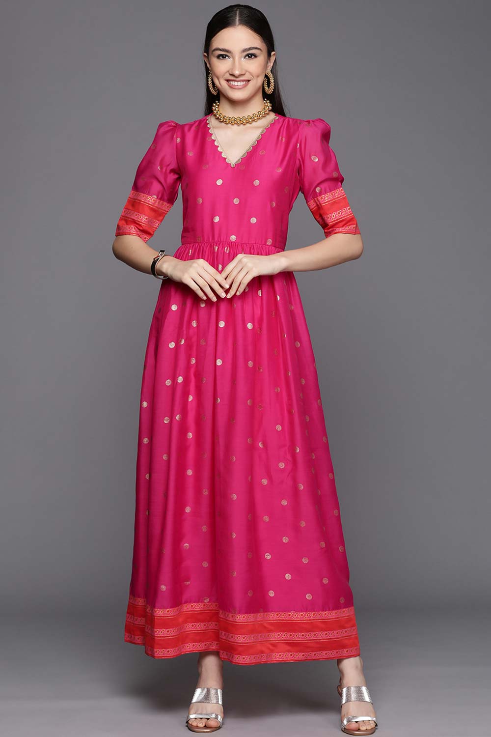 Pink Chanderi Gold Foil Print Dress