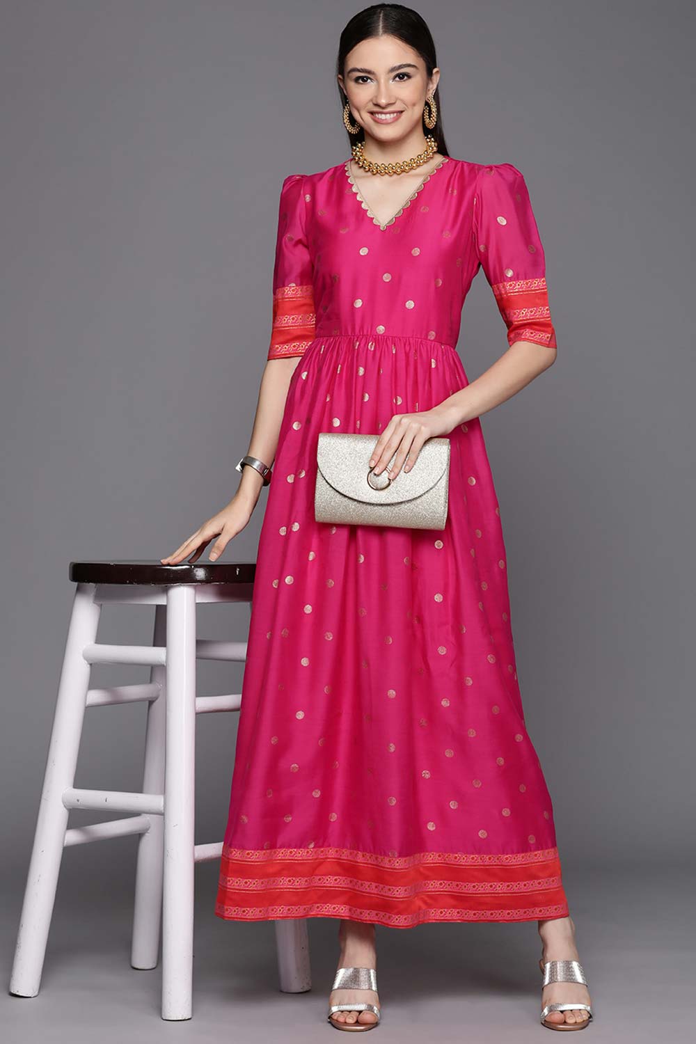 Pink Chanderi Gold Foil Print Dress