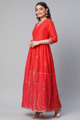 Red Chanderi Khari Printed Dress