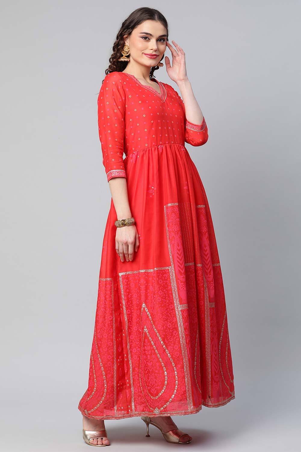 Red Chanderi Khari Printed Dress