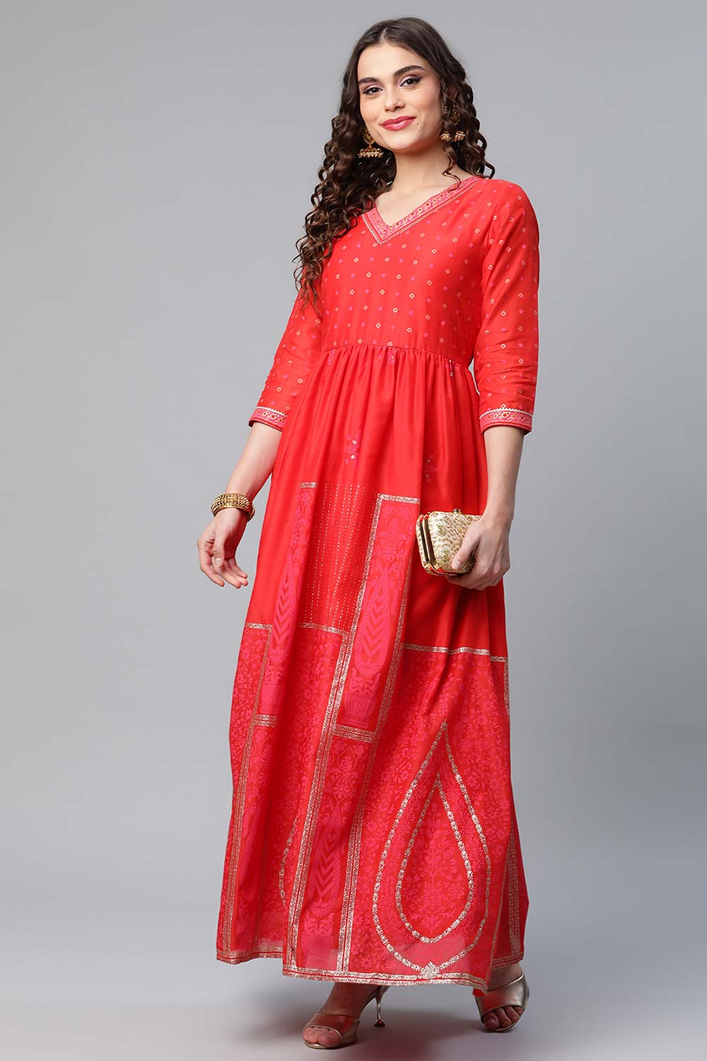 Red Chanderi Khari Printed Dress