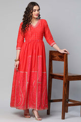 Red Chanderi Khari Printed Dress