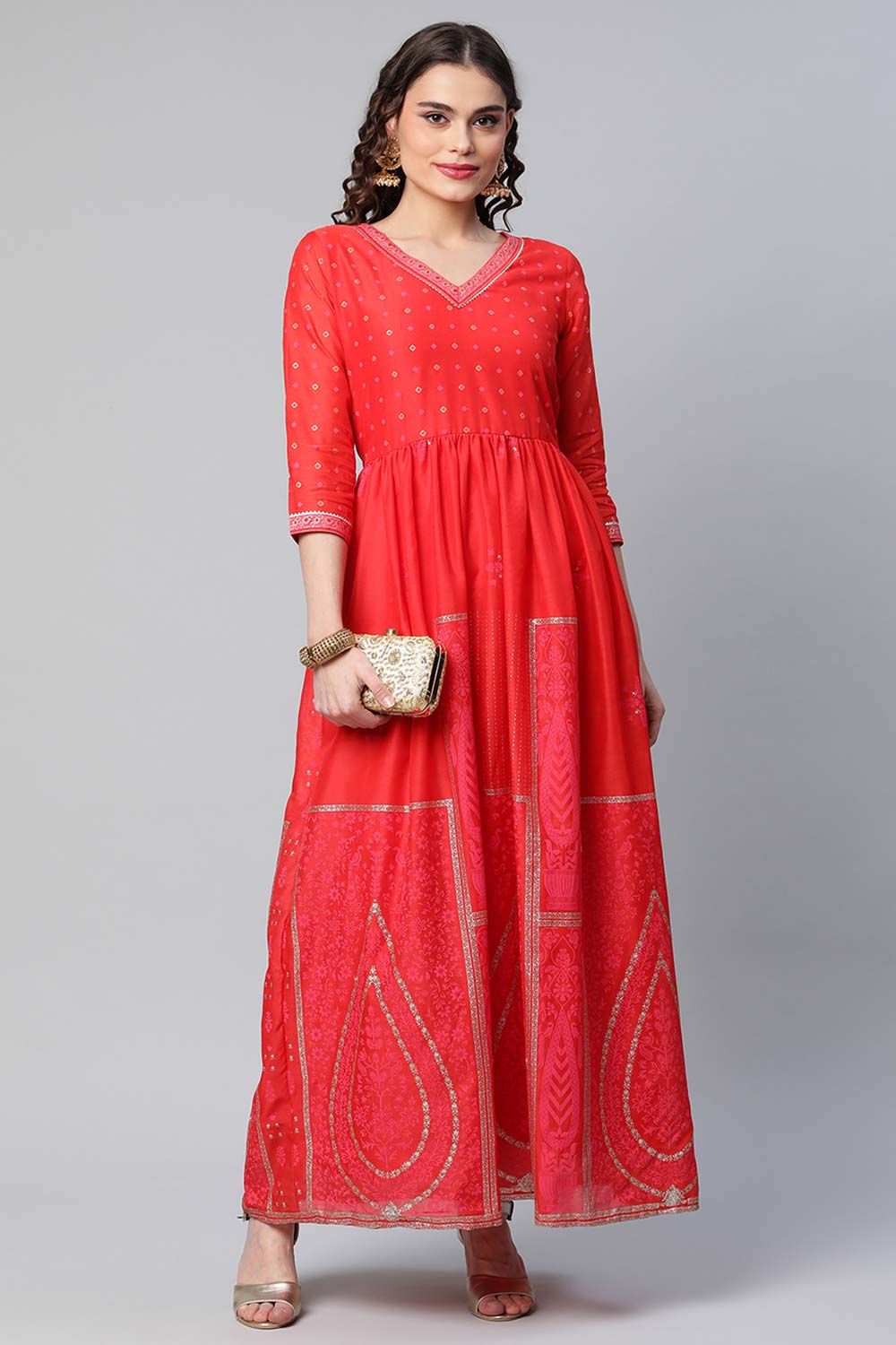 Red Chanderi Khari Printed Dress