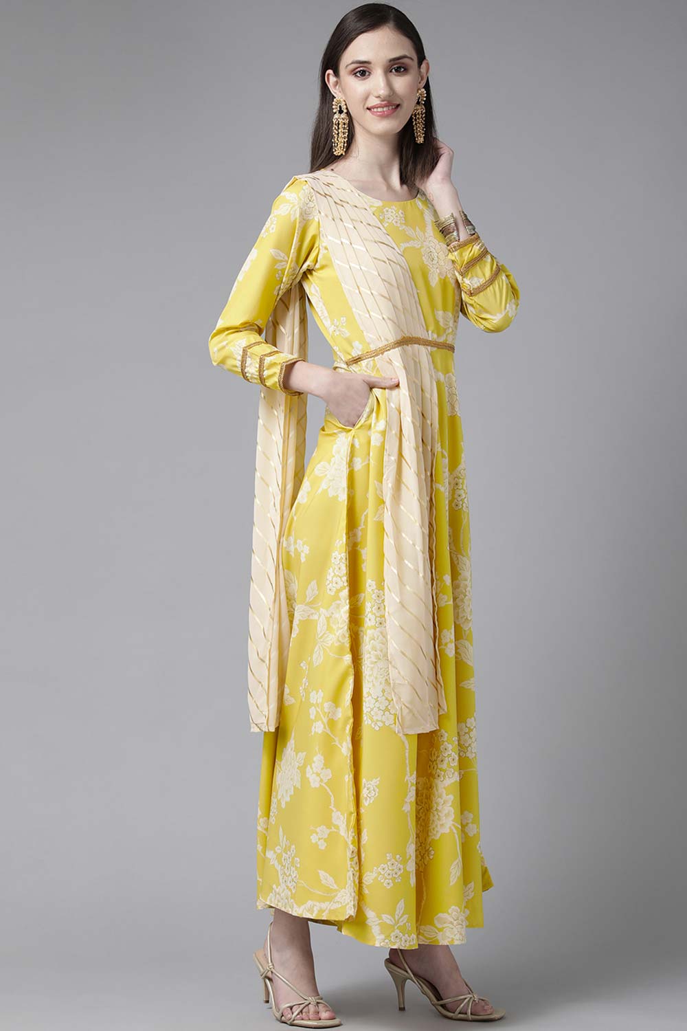 Lemmon Yellow Crepe Digital Printed Draped Dress