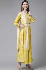 Lemmon Yellow Crepe Digital Printed Draped Dress