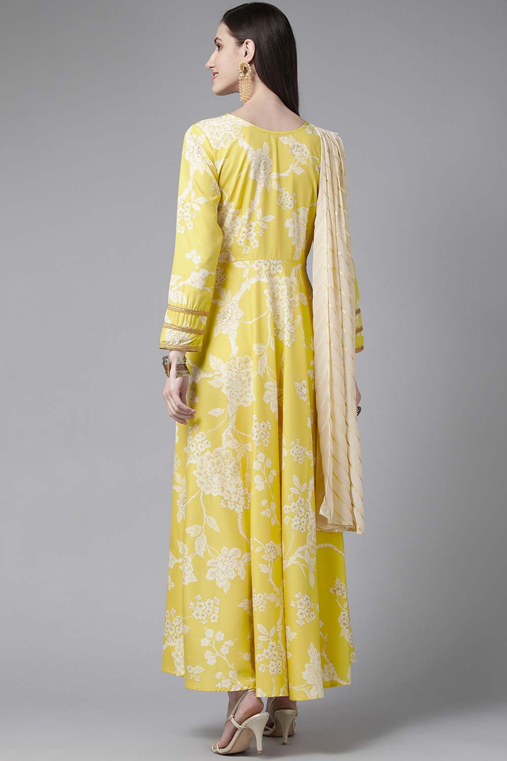 Lemmon Yellow Crepe Digital Printed Draped Dress