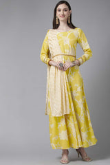 Lemmon Yellow Crepe Digital Printed Draped Dress