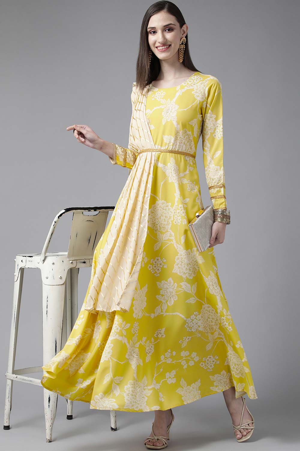 Lemmon Yellow Crepe Digital Printed Draped Dress