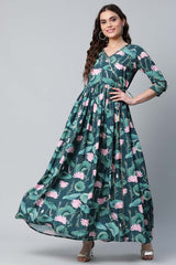 Dark Green Crepe Digital Print Dress