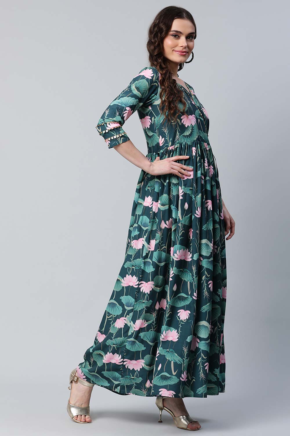 Dark Green Crepe Digital Print Dress