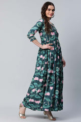 Dark Green Crepe Digital Print Dress