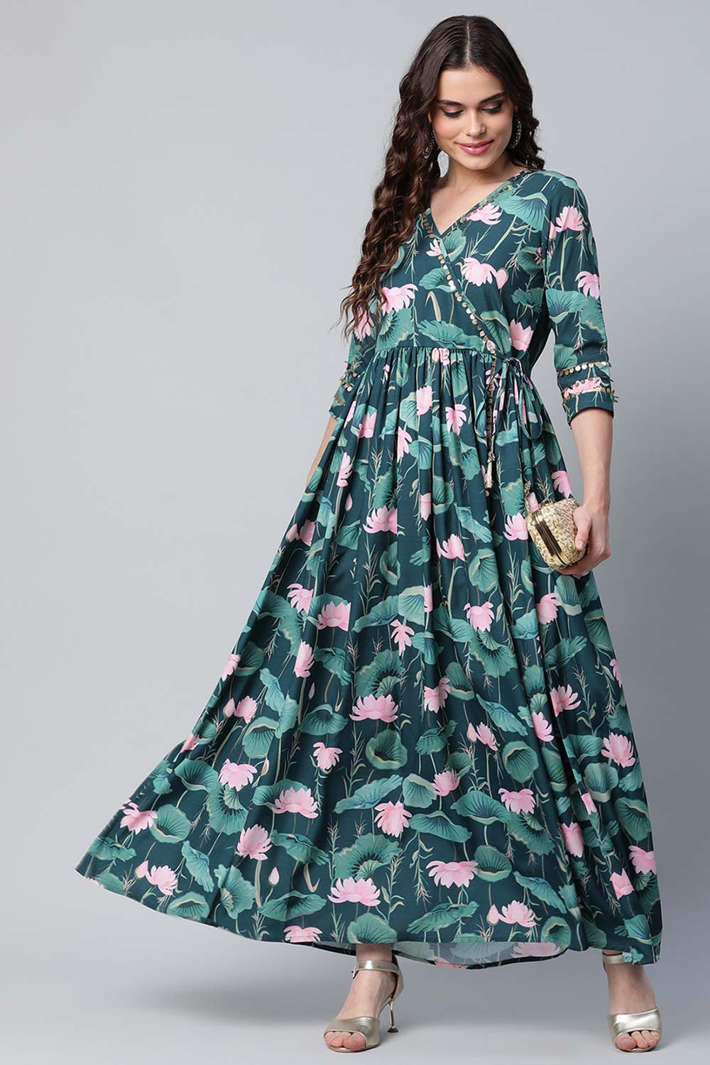 Dark Green Crepe Digital Print Dress