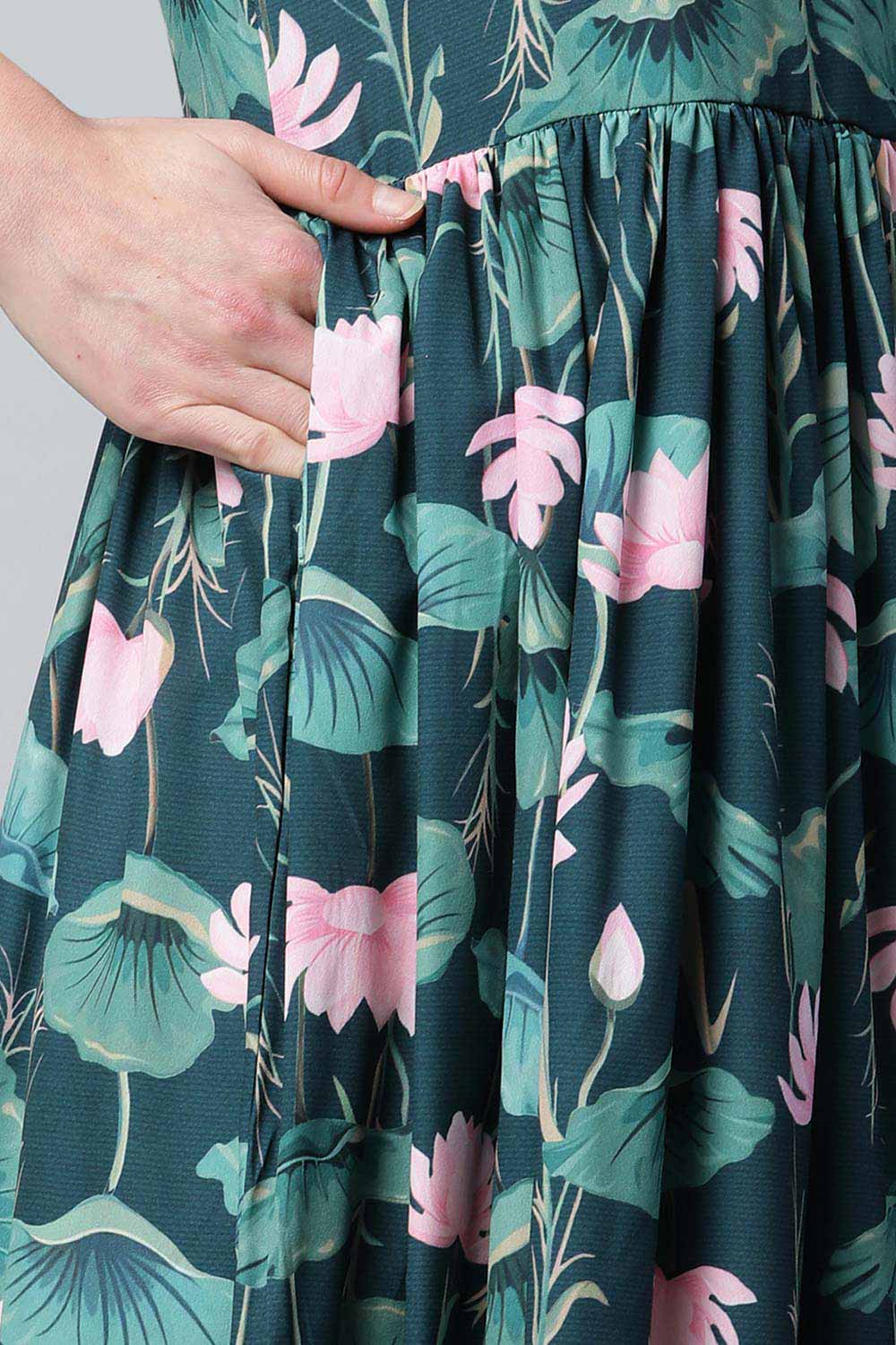 Dark Green Crepe Digital Print Dress