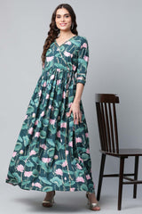 Dark Green Crepe Digital Print Dress