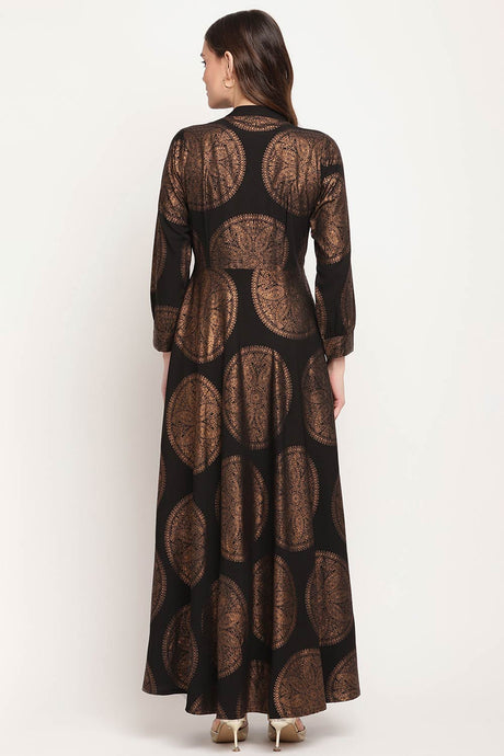 Women Black Crepe Copper Foil Print Dress