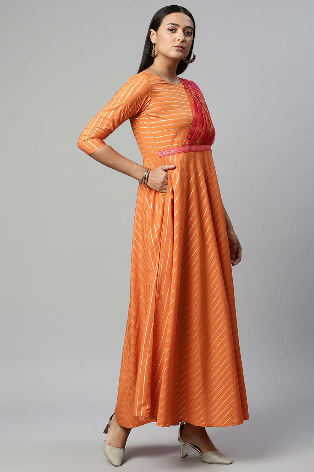 Orange Crepe Gold Print Dress