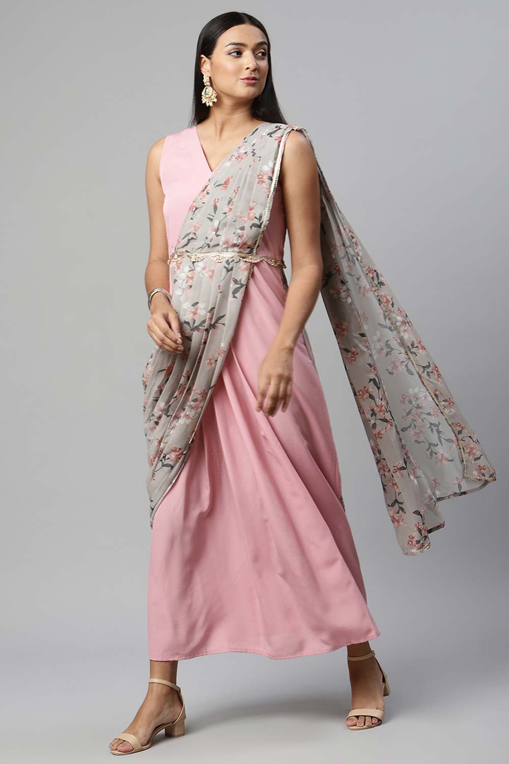Baby Pink Crepe Georgette Saree Dress With Printed Pallu