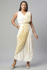 Off White Crepe Georgette Saree Dress With Printed Pallu