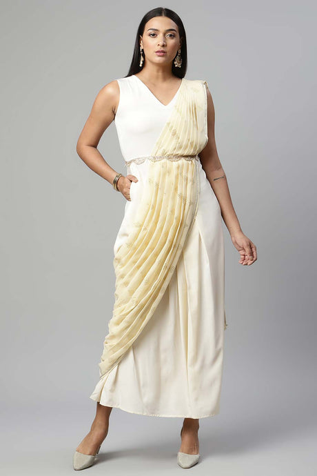 Off White Crepe Georgette Saree Dress With Printed Pallu