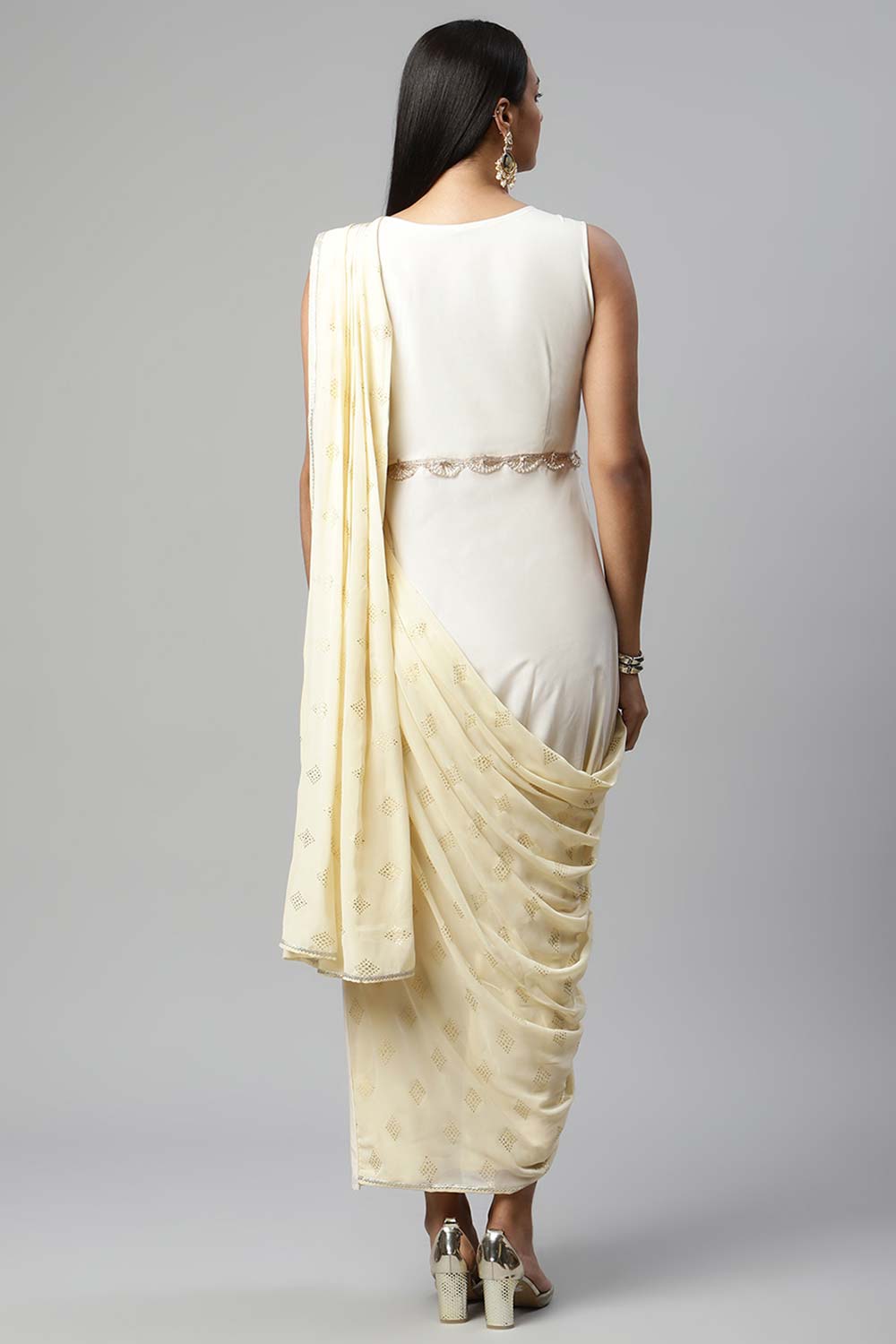 Off White Crepe Georgette Saree Dress With Printed Pallu