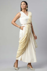 Off White Crepe Georgette Saree Dress With Printed Pallu