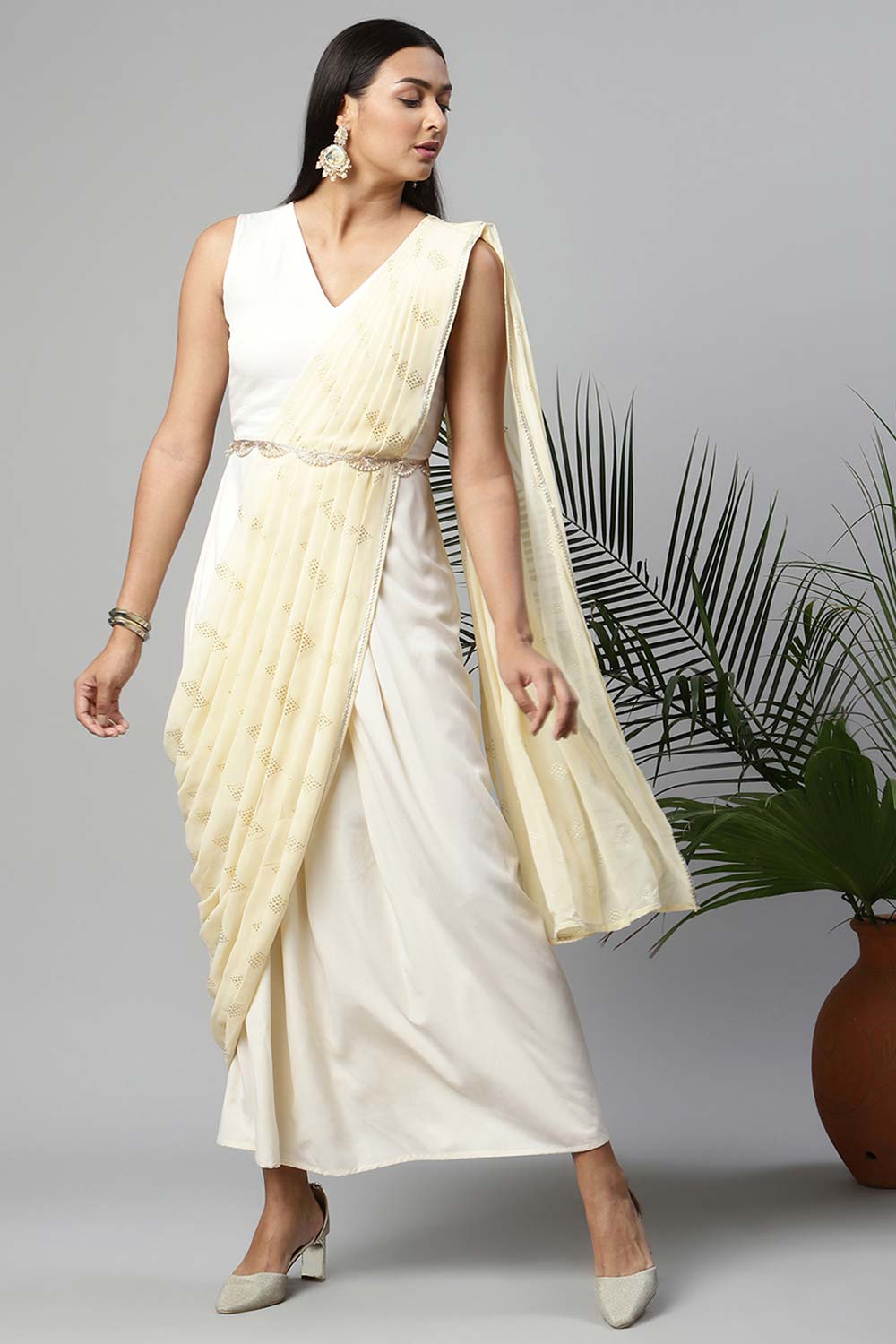 Off White Crepe Georgette Saree Dress With Printed Pallu